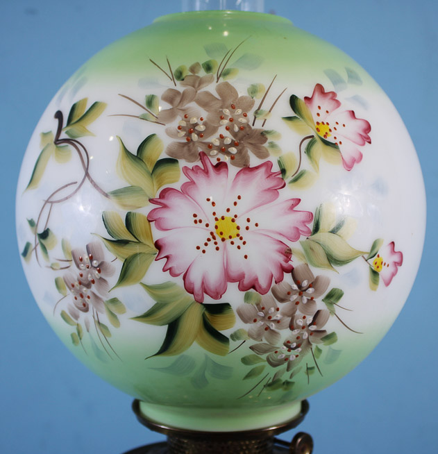 007d - Alabaster and brass banquet lamp with white and green hand painted floral shade, has old repair, 38 in. T, 6.5 in. Sq. base
